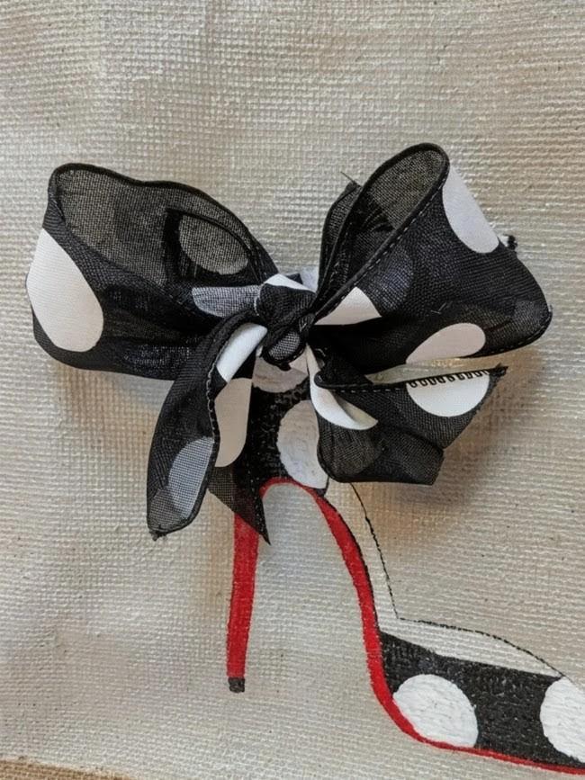 Hand-Painted Burlap Polka Dot Stiletto Tote Bag with Black Sheer Bow