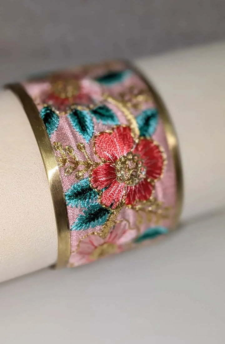 Soft Pink Floral Embroidered Cuff Bracelet ZAD