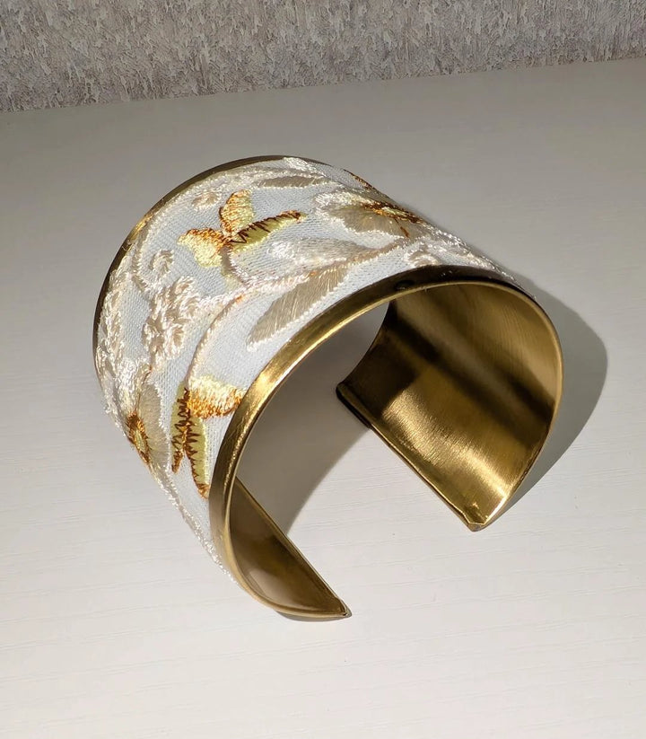 Ivory White Floral Embroidered Cuff Bracelet ZAD