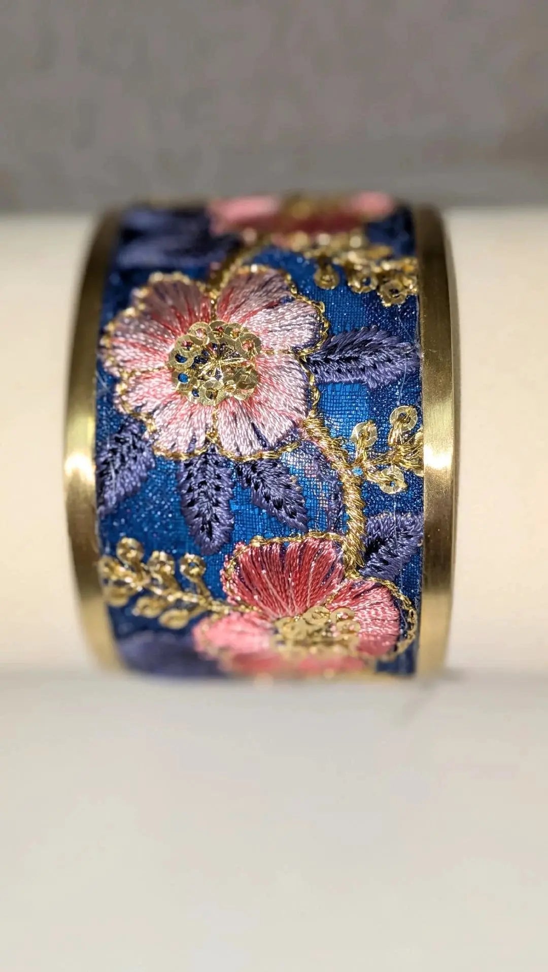 Vintage Pink Blue Embroidered Cuff Bracelet ZAD