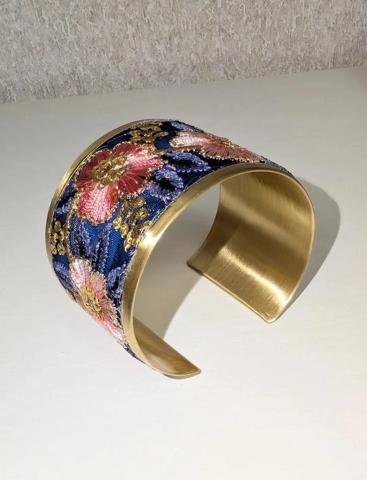 Vintage Pink Blue Embroidered Cuff Bracelet ZAD