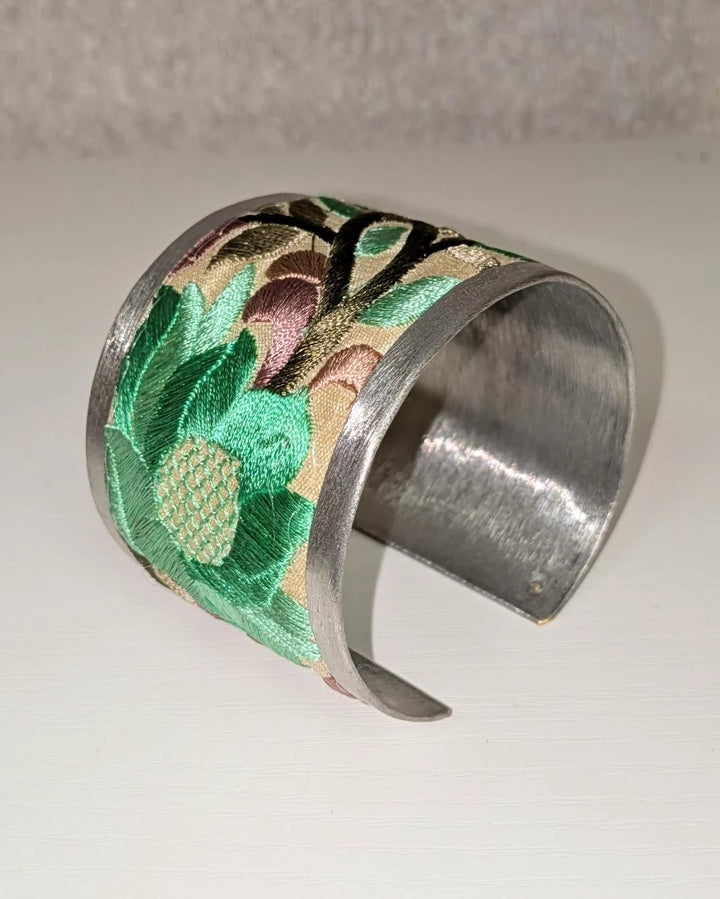 Green Flower Embroidered Elegance Cuff Bracelet ZAD
