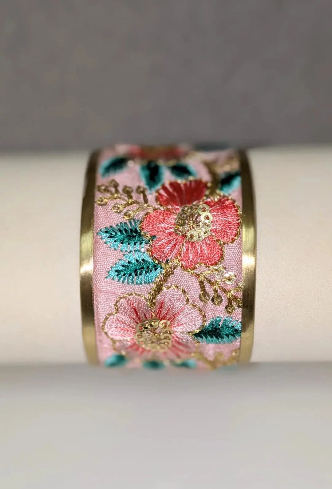 Soft Pink Floral Embroidered Cuff Bracelet ZAD
