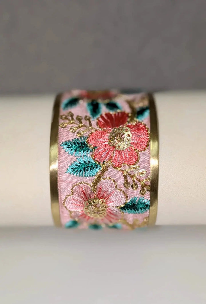 Soft Pink Floral Embroidered Cuff Bracelet ZAD
