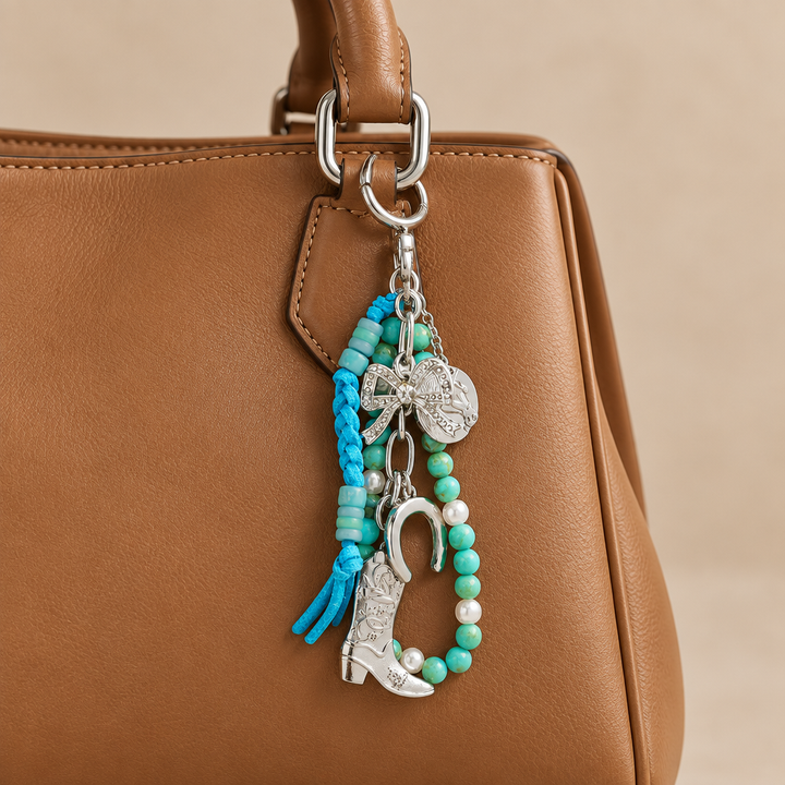 Turquoise western charm on a tan leather handbag