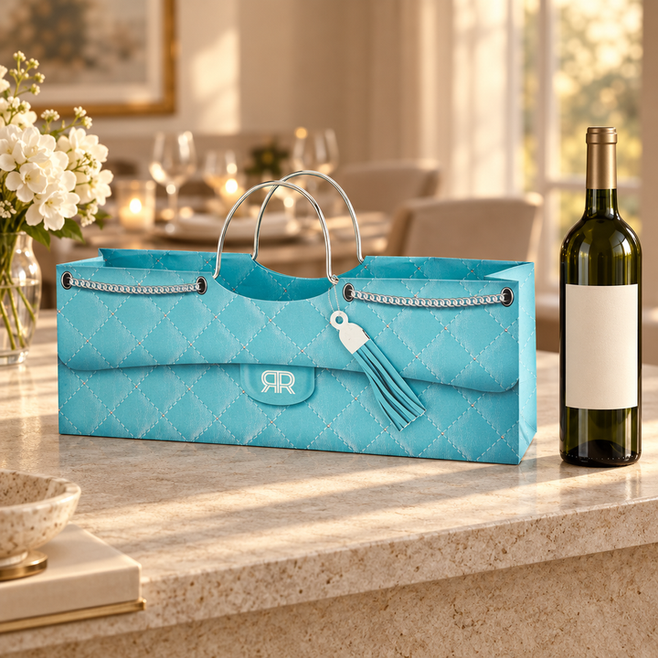 Turquoise wine gift bag and wine bottle in an elegant home setting