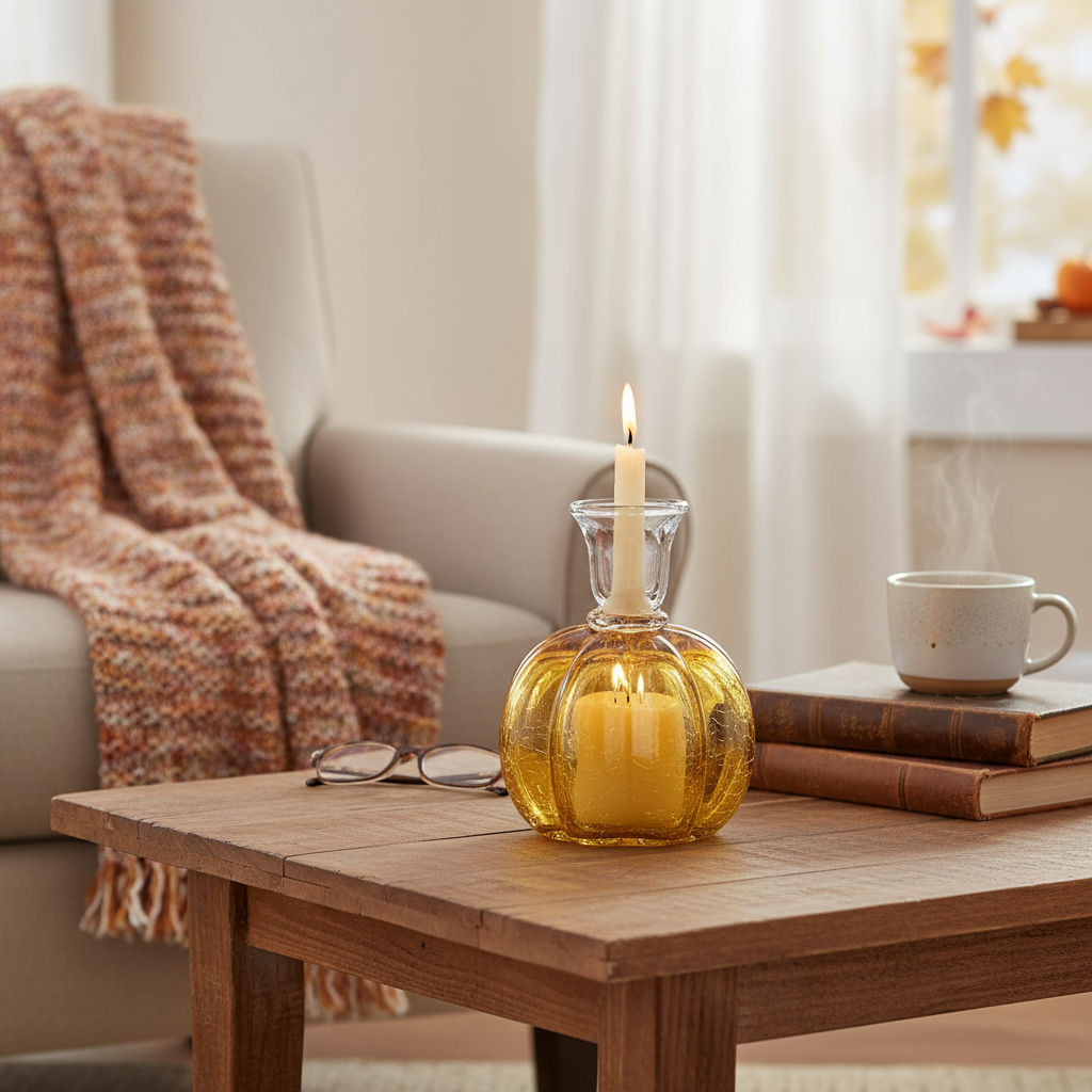 Umber Glass Pumpkin Candle Stick with cozy home backdrop
