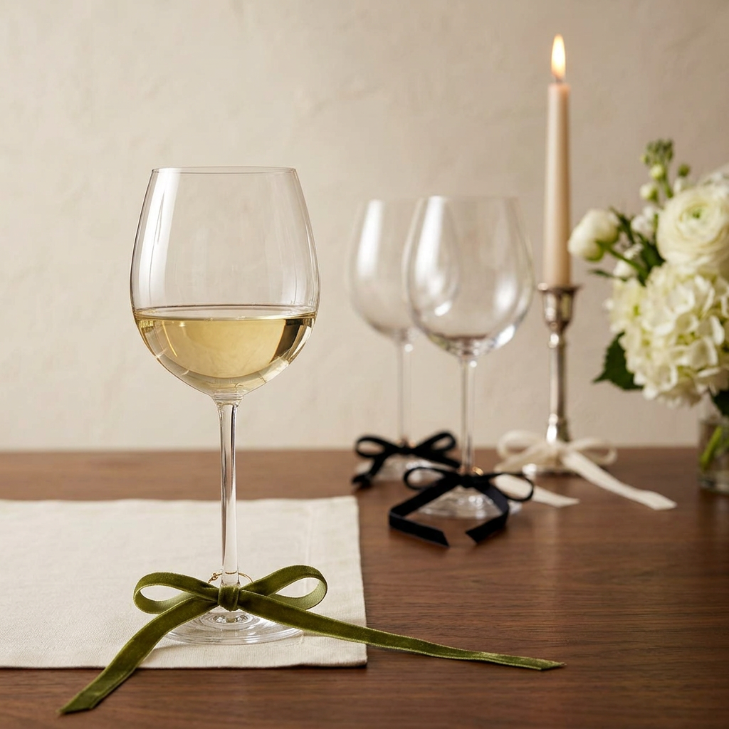 Velvet bow wine charms in a luxe walnut-table setting with crystal glassware and candlelight