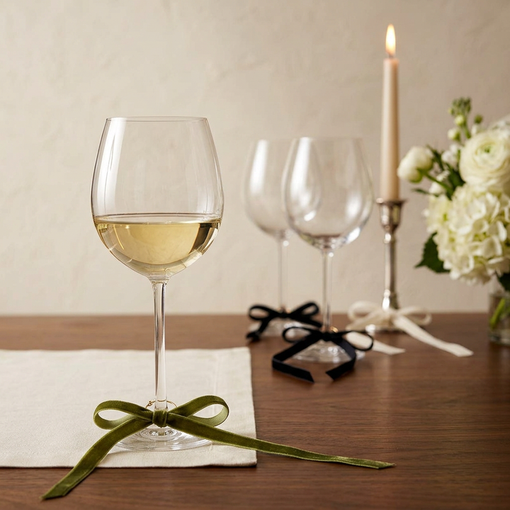 Velvet bow wine charms in a luxe walnut-table setting with crystal glassware and candlelight