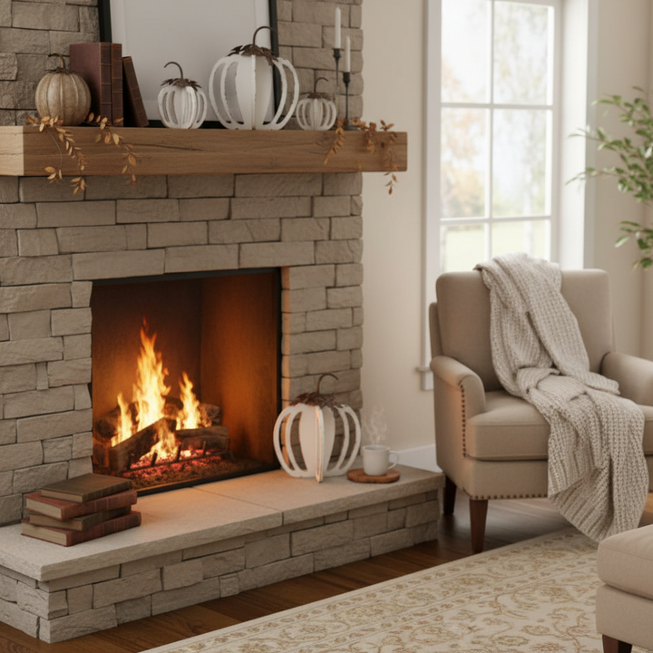 White Wood Pumpkins with warm home backdrop
