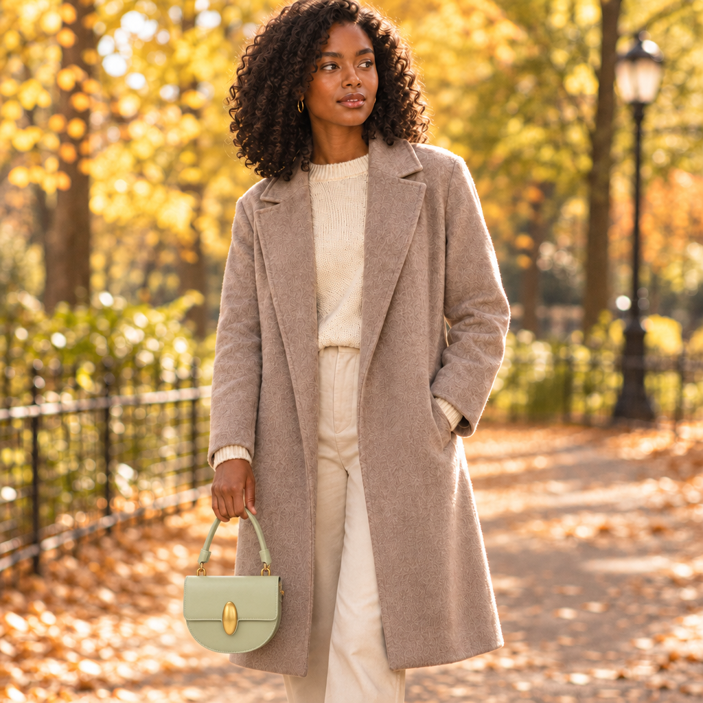 Woman holding the Esther Mint bag by its strap